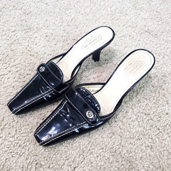Coach | Shoes | Coach Shoes Black Patent Leather Slide On Heel Mule ...